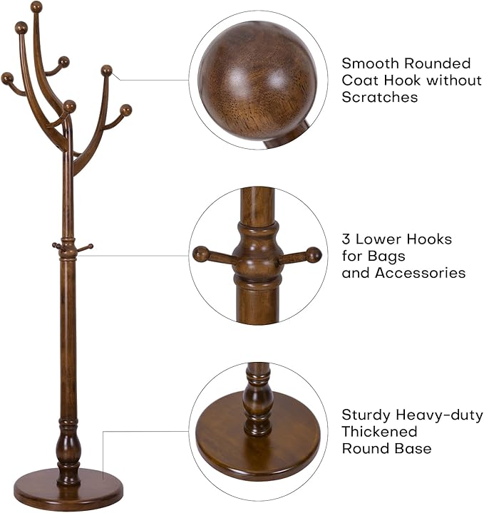 Bekrvio Coat Rack Freestanding Coat Tree with Sturdy Round Base, Unique Coat Hanger Stand, Heavy Duty Standing Coat Rack Clothes Stand for Winter Jacket, Hat, Entryway/Hallway/Bedroom, Walnut