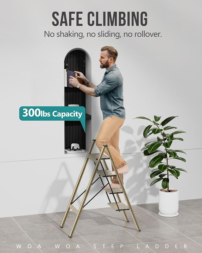 WOA WOA 4 Step Ladder, Foldable Step Stool, Aluminum Lightweight Ladder for Home Kitchen Closet, Anti-Slip Pedals, Ease of Folding, Portable, 300lbs Capacity - Gold
