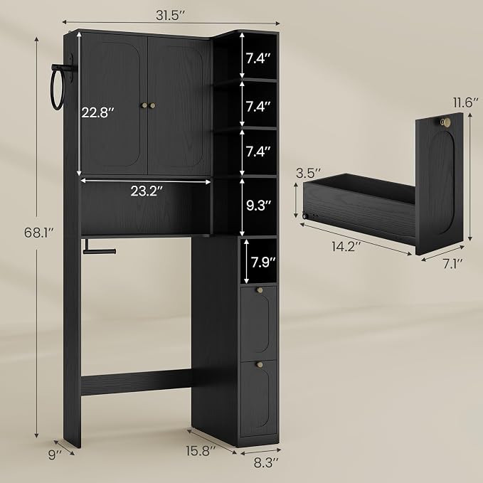 7-Tier L-Shaped Over the Toilet Storage Cabinet with Doors, 2 Large Drawers, Tissue Holder & Towel Holder, Bathroom Over Toilet Storage Cabinet with Adjustable Shelf for Bathroom, Black