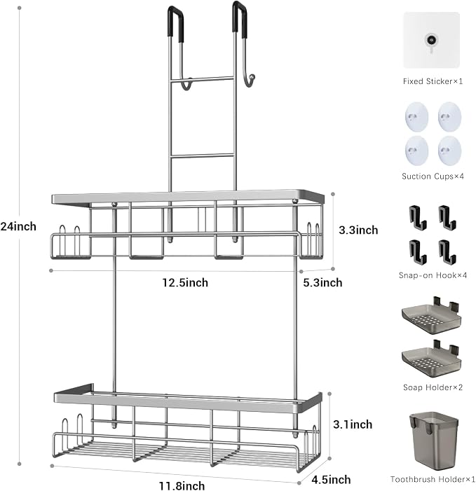 Aitatty Hanging Shower Caddy Over Door: Silver Rustproof Shower Organizer over the Door - No Drilling Bathroom Rack for Inside Shower