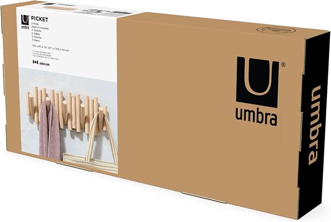 Umbra Picket Wall-Mounted Coat Rack Rail Hook with 5 Retractable Wood Pegs – Modern, Space-Saving Storage Organizer, Natural (Pack of 3)