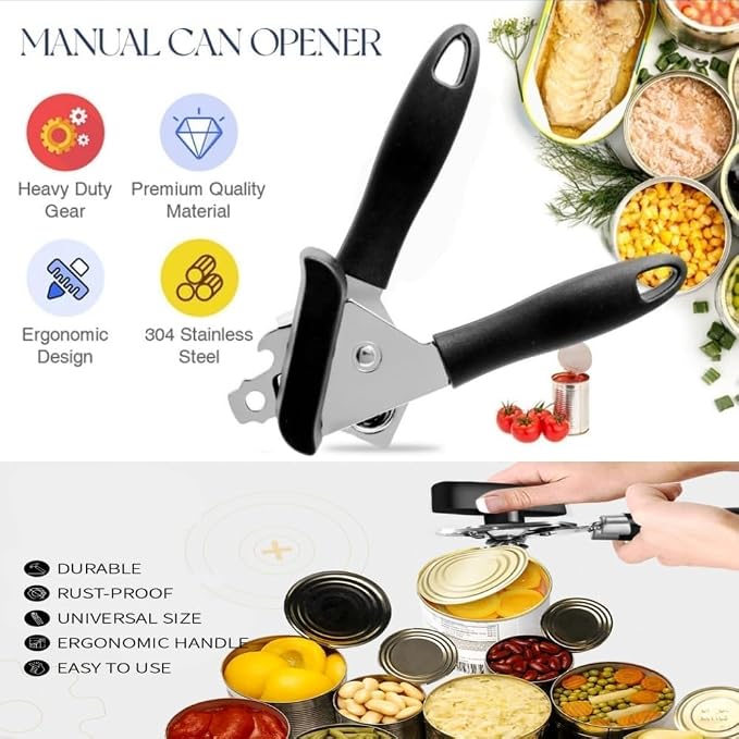 Multifunctional Stainless Steel Manual Can Opener and Bottle Opener, Heavy Duty Hand Held Can Opener with Easy Turn Knob, Sharp Blade Smooth Edge, Good Grips Kitchen Tool for Seniors (Black)