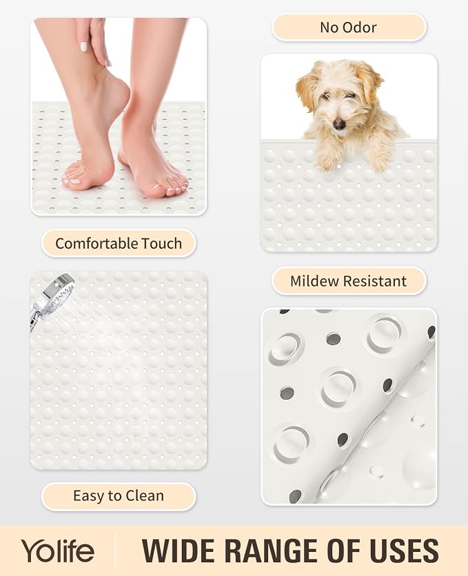 Yolife Extra Large TPE Shower Mat, 47.2" L x 31.5" W Anti Slip Bath Mat with Drain Holes and Suction Cups, Large Size Mat More Suitable for Shower Stall, No Odor, Heavy Mat (White, 47.2" x 31.5")