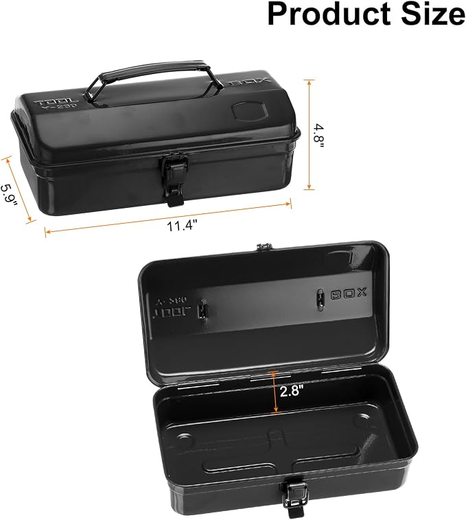 HARFINGTON Tool Box 11.4" Portable Steel Tool Box Hip Roof Style with Metal Latch Closure Tool Chest for Household Workshop Car, Black