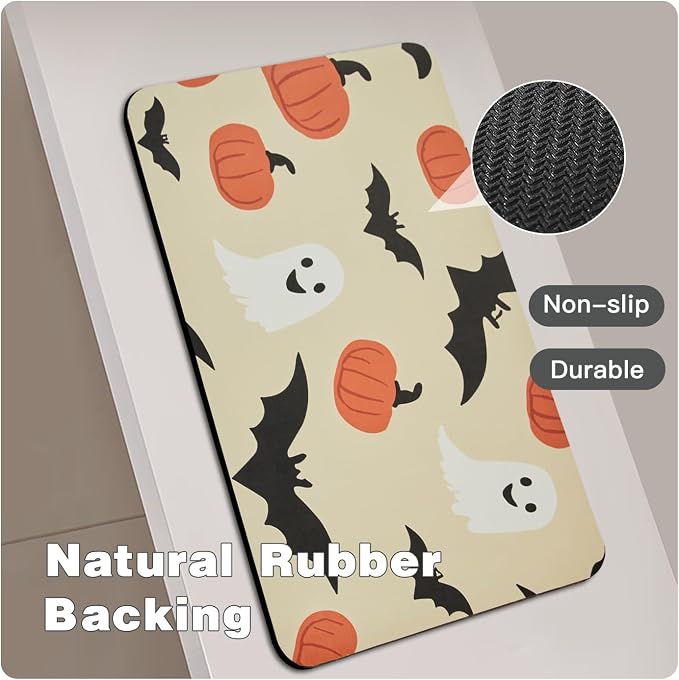 TYUU Halloween Bath Mat, Thin Bathroom Rug Non Slip Quick Dry Pumpkin Bath Mat Fits Under Door Thin Floor Mat Halloween Decor, 17''x30'', Pumpkins Bats and Ghost