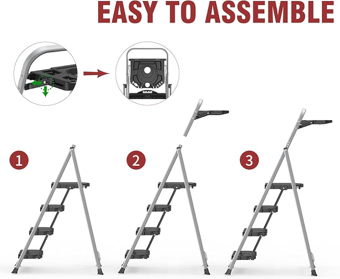 4 Step Foldable Step Ladder with Roomy Tool Tray, Platform Ladders Stepstools, Step Stool 4 Step Folding with Wide Non-Slip Pedals and 800lbs Bearing Capacity for Adults, Home, Kitchen, Black Gray