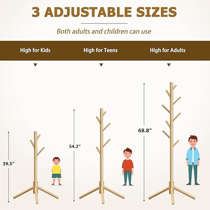 Coat Rack, Coat Racks Freestanding with 8 Hooks 3 Adjustable Heights for Clothes, Hats, Handbags, Coat Tree Easy Assembly for Entryway, Bedroom, Hallway, Office(Nature)
