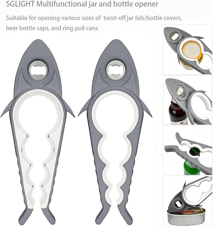 Jar Opener Bottle Opener for Arthritis, 5-in-1 Multifunctional Jar Opener, Easy to Use for Seniors and Weak Hands, Shark Shape Kitchen Gadget for jar, Beer and Bottle (Grey and White)