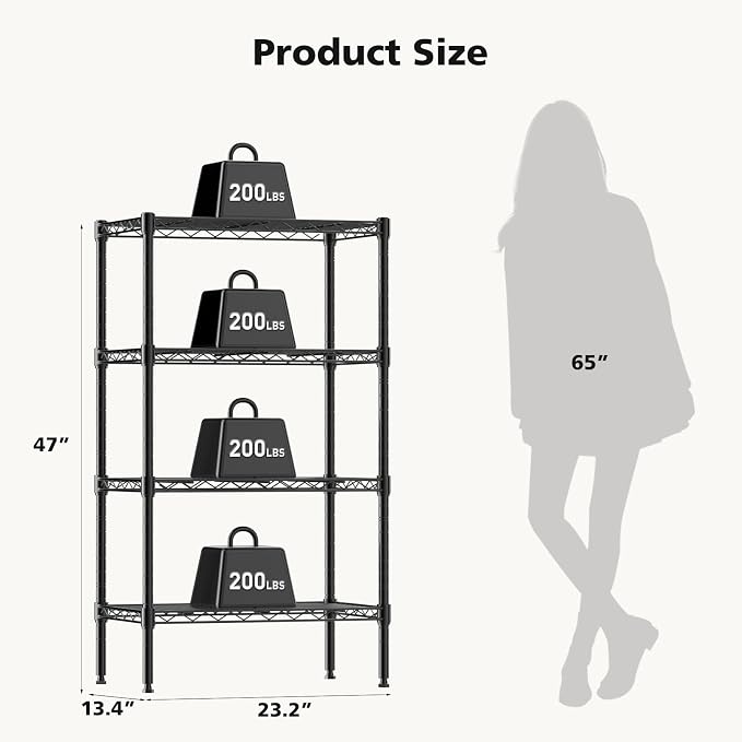 DUMOS 4-Tier Metal Wire Storage Shelves, Adjustable Standing Storage Rack Shelf, Heavy Duty Steel Shelving Unit Organizers for Kitchen Bathroom Pantry Garage, 23.2" Wx13.4 Dx47.1 H, Black