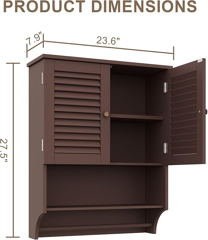 ChooChoo Bathroom Wall Cabinet with Towels Bar, 23.6" L x7.9 W x27.5 H MDF Material Medicine Cabinet, 2 Doors Over The Toilet Space Saver Storage Cabinet with Large Space, Espresso