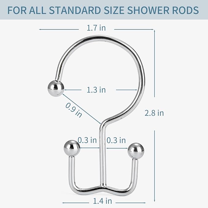 Goowin Shower Curtain Hooks, 12 Pcs Shower Curtain Rings, Durable Rust Proof Silver Shower Curtain Hooks, Shower Rings for Curtain, Double Glide Shower Hooks for Shower Curtain Rods, Chrome