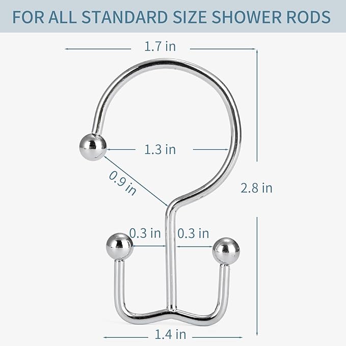 24 Pcs Shower Curtain Hooks, Goowin Shower Curtain Rings, Durable Silver Shower Curtain Hooks Rust Proof, Shower Rings for Curtain, Double Glide Shower Hooks for Shower Curtain Rods, Chrome