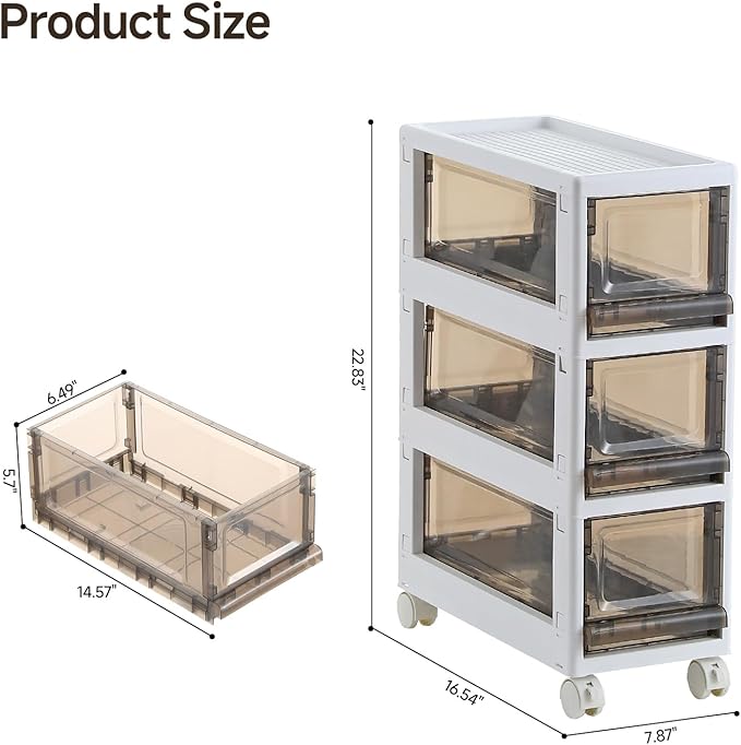 Plastic 3 Drawer Storage Organizer, Narrow Plastic Storage Drawers with Wheels, Storage Cart with Drawers for Small and Narrow Space, 7.87-inch Wide (white)