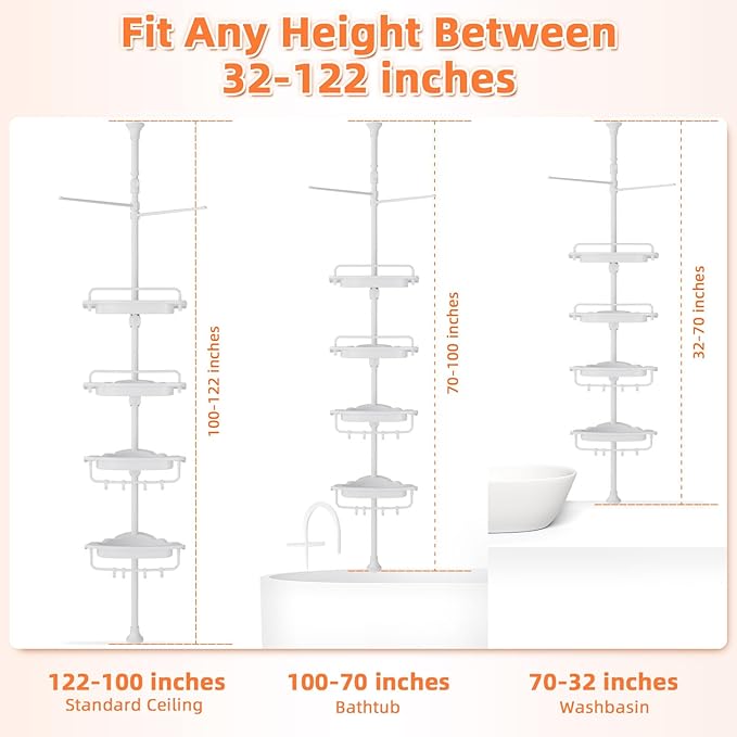 XLHOMO 32-122inch Corner Shower Caddy Tension Pole All White, Rustproof Drill-Free Shower Shelves for Bathroom Bathtub Washbasin, Adjustable Shower Organizer with 4 Tier Patent Shelves & Towel Bars