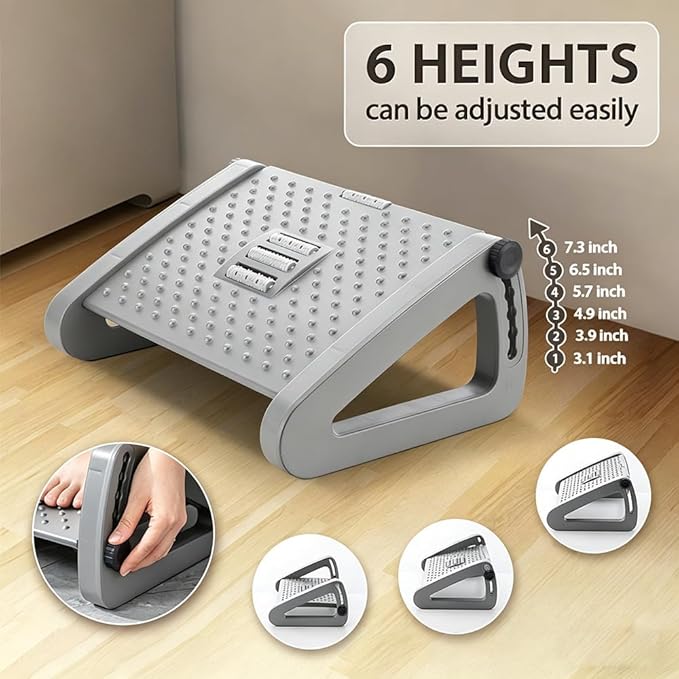 CasaZenith Foot Rest, Six Heights Adjustable Foot Rest for Under Desk at Work, Ergonomic Foots Stool for Under Office Desks, Under Desk Footrest with Foot Massage Roller, Chair Footrest - Gray