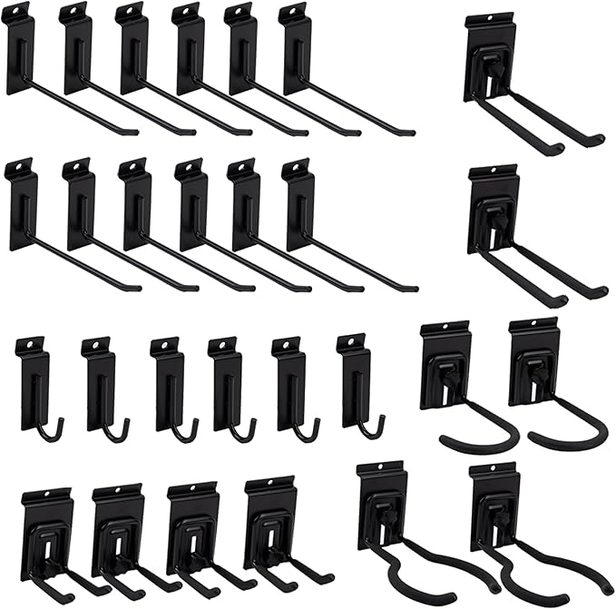 Slat Wall Accessories 28 PCS Garage Hooks Heavy Duty Slatwall Panel Hook Locking Bike Hook for Slat Wall Hooks for Hanging Ladder Storage System Black Accessory for Power Tools Organizer