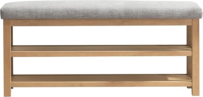 Zihanhome Shoe Rack Bench with Cushion, 2 Tier Solid Wood Storage Bench, Mid-Century Modern Shoe Bench for Entryway, Hallway, Closet, Front Door Entrance, Foyer (Grey, 46.5")