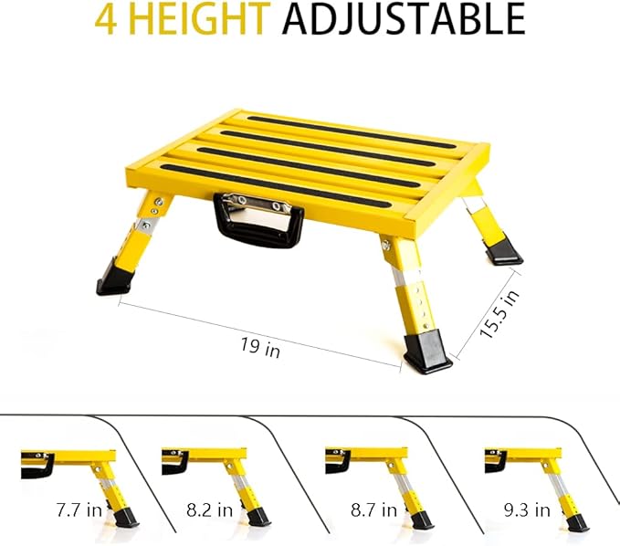 Homeon Wheels RV Steps Portable Foldable RV Steps Anti-Slip Surface with Handles Aluminum Folding Safety Platform Adjustable Height Supports Up to 1000 lbs for Camping Travel Trailer Truck