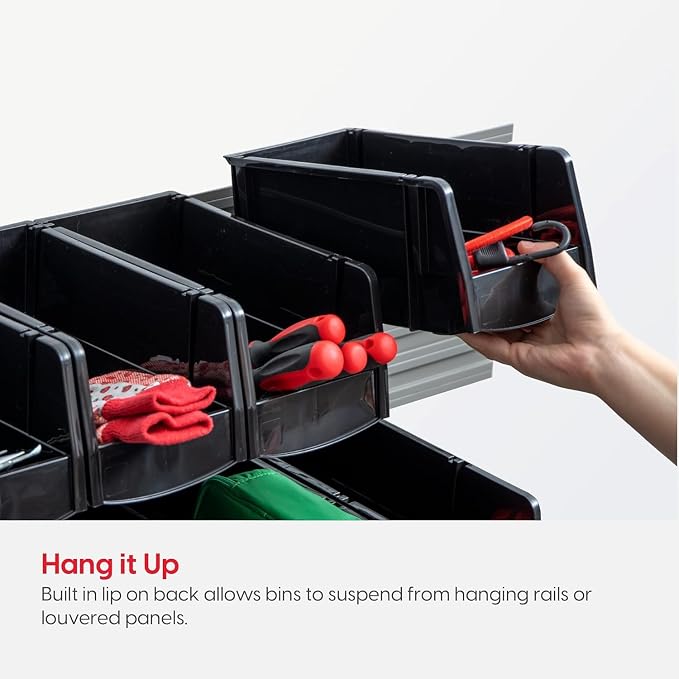 IRIS USA Medium Stackable Storage Bins, 8-Pack, 11" L x 6" W x 5" H, |Made in USA|, Plastic Open Front Shelf Bin for Organizing Parts, Hardware, Tools, Supplies, Garage Shelf, Pantry - Black