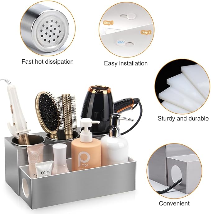 GFWARE Hair Tool Organizer - Bathroom Vanity Organizers and Storage, Hair Styling Accessories Hot Tools Organizer Hair Dryer, Blow Dryer, Curling Iron, Flat Iron, Hair Straightener, Silver