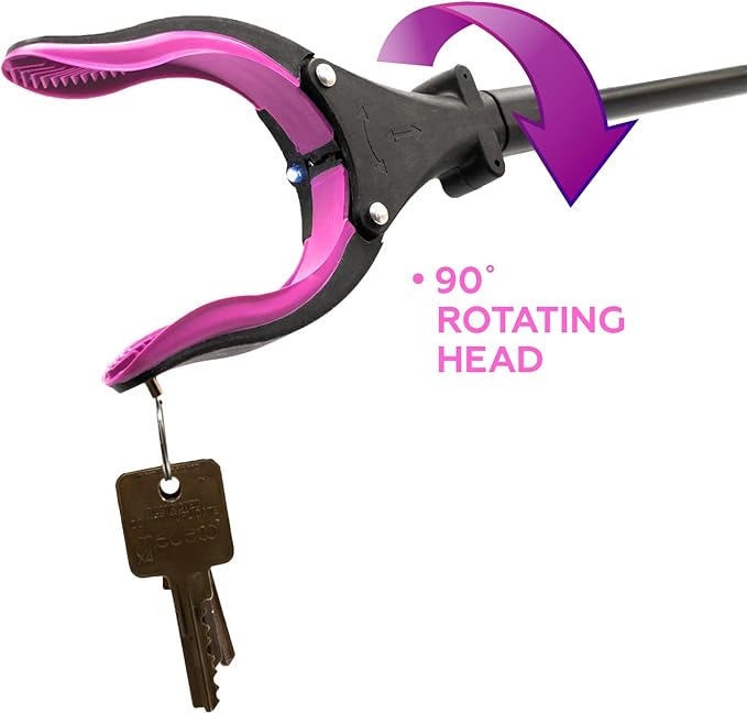 Grabber Reacher Tool-Long 32 Inch Aluminum Foldable Pick Up Stick-Strong Grip Shelves LED Light Magnetic Tip, Lightweight Trash Picker Claw Reacher Grabber Tool for Elderly (32" 2-Pack, Pink)
