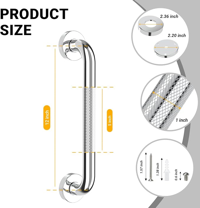 Anti Slip Grab Bars for Shower Polished Nickel, Safety Textured Grip Shower Grab Bars for Seniors, Holds up to 500LBs, Knurled Handicap Grab Bars for Wall with Concealed Screws, 12 Inch