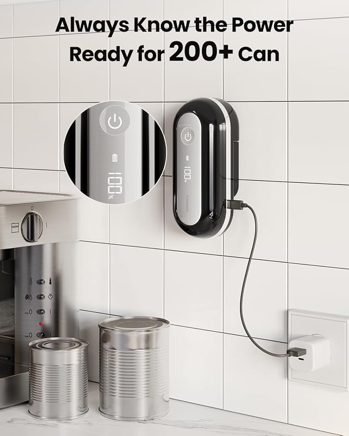Canslab RETRO Electric Can Opener, Auto-Stop One-Touch Operation, USB Rechargeable with LED Battery Track, Side Cut Smooth Edge Can Opener for Seniors with Arthritis, Wall-Mountable Small Size, Black