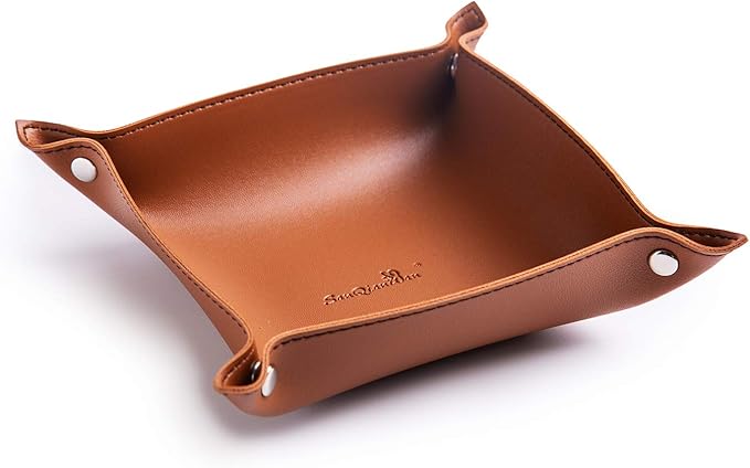 PU Leather Jewelry Valet Tray for Women and Men, Portable Entryway Table and Bedside Nightstand Desk Catchall Travel Dish Plate for Key, Wallet, Watch, Coin (Brown-B)