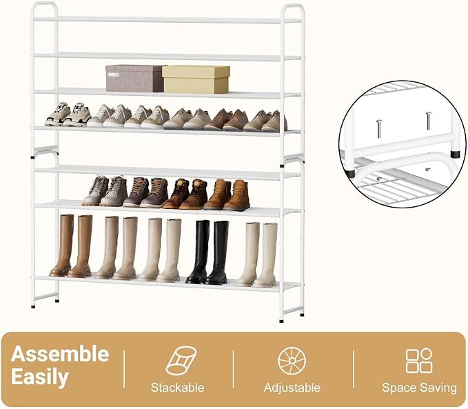 KEETDY 4-Tier Long Shoe Rack for Closet Floor, Wide Shoe Organizer Storage, Stackable Shoe Rack for Entryway Metal Shoe Shelf for 30 Pairs Men Sneakers with Wire Grid for Bedroom, White