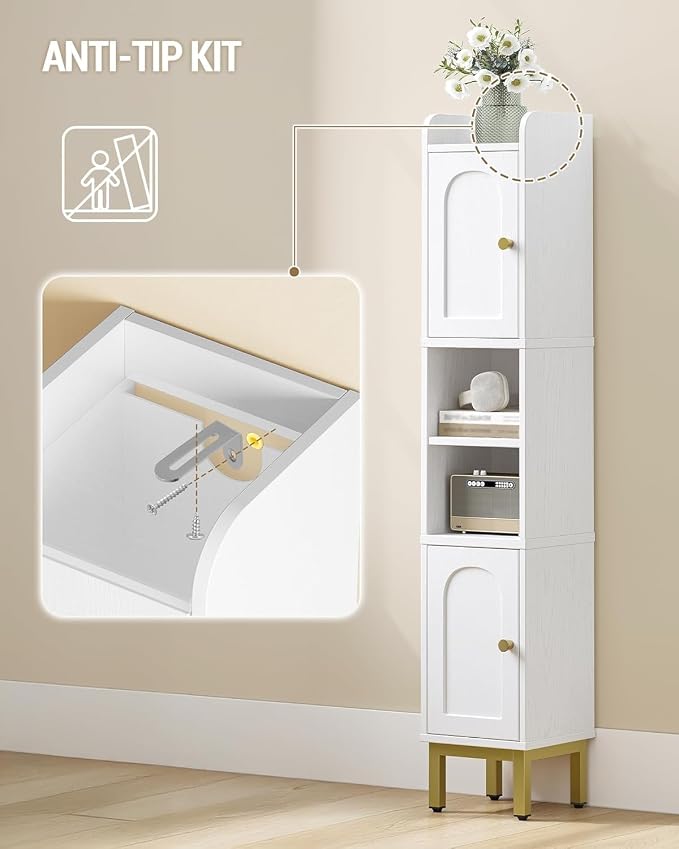 Hzuaneri Slim Bathroom Storage Cabinet, Narrow Bathroom Organizers and Storage with 4 Adjustable Feet, Laundry Room Organization for Small Space, Kitchen, Living Room, 2 Doors White BC22413G