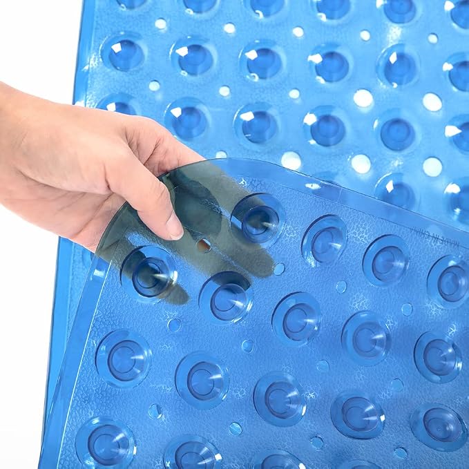 Bathtub and Shower Mats, Extra Long Non-Slip Bath Tub Mat 39 x 16 Inch, Machine Washable Bathmat with Suction Cups & Drain Holes for Bathroom Floor, Clear Royal Blue