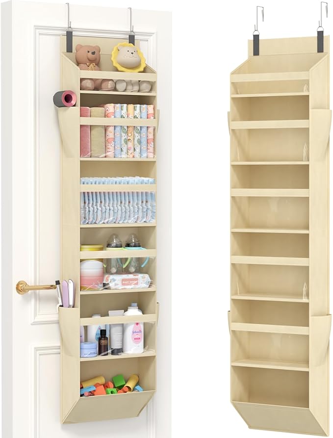 Lifewit 1 Pack Over the Door Organizer, 6 Section Clear Window Hanging Storage with 4 Side Pockets, Sturdy Anti Tilt 40 lbs Load Behind Door for Closet, Bedroom, Bathroom, Nursery, Dorm, Beige