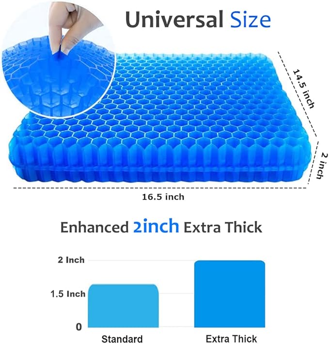 Gel Seat Cushion for Long Sitting, Extra Thick Gel Cushion for Wheelchair Soft Chair Pads for Office Home Chairs Car Seats Long Trips - Back Sciatica Hip Tailbone Pain Relief Cushion (Blue)