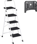 ZENY 4 Step Ladder, Folding Step Stool for Adults, Portable Steel Ladder with Tool Platform, Wide Anti-Slip Pedal, Safety Locking, Lightweight (White)