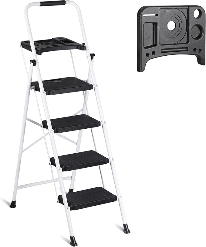 ZENY 4 Step Ladder, Folding Step Stool for Adults, Portable Steel Ladder with Tool Platform, Wide Anti-Slip Pedal, Safety Locking, Lightweight (White)