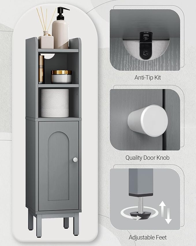 Hzuaneri Bathroom Storage Cabinet, Small Corner Floor Cabinet with Door and Shelves, Narrow Toilet Paper Holder, Bathroom Organizer with Adjustable Shelf, for Small Spaces, Gray BC08221GR