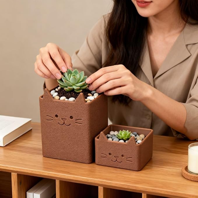 Office Desk Accessories, Set of 2 Pencil Cups, Cute Cat Pen Holder, Cute Desk Decor, Bathroom Organizer, Toothbrush Holders with Drainage, Makeup Brush Organizer, Cat Lover Gifts (Brown)