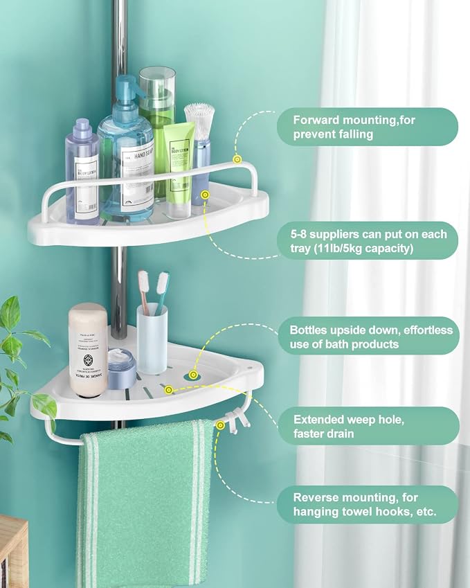 ADOVEL 4 Layer Corner Shower Caddy, Stainless Steel Constant Tension Pole Shower Organizer, Adjustable Corner Shower Shelf, Rustproof 3.3 to 9.8 ft