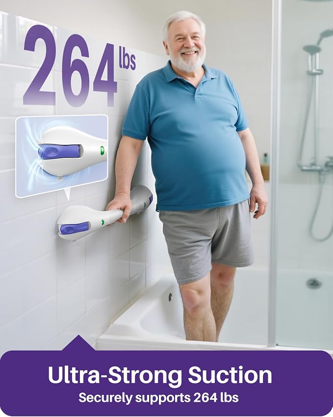KEKOY 17.5 Inch Suction Grab Bars for Bathtubs and Showers with Indicator - Heavy Duty Safety Shower Handle for Seniors and Elderly, Handicap Bars for Bathroom, No Drilling and Removable, Purple