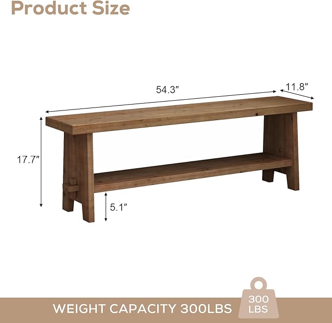 HOKYHOKY Solid Wood Entryway Bench - 54.3" Farmhouse Long Storage Bench, Rustic Narrow Bench Seat for Indoor, Entryway, Dining Room, Living Room and Hallway, Brown