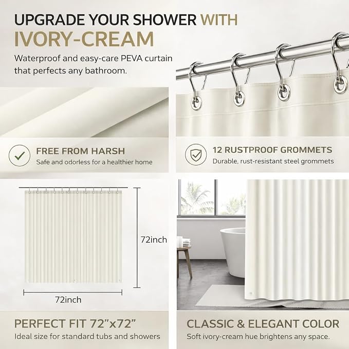 EHZNZIE Cream Shower Curtain Liner 72x72, PEVA Waterproof Bath Curtain, No Chemical Smell, 3 Weighted Magnets, Durable with Rustproof Metal Grommets