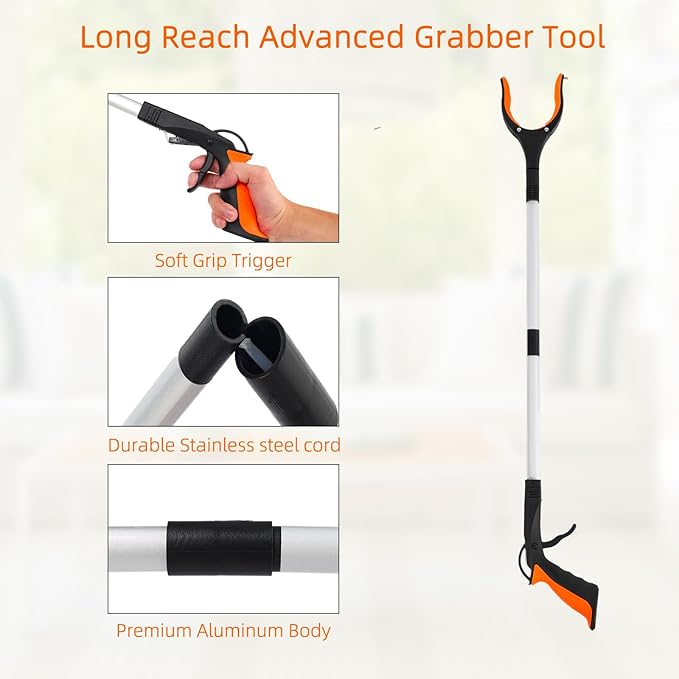 Grabber Reacher Tool, 2 Pack 32" Foldable Lightweight Trash Claw Grabbers for Elderly, 360° Rotating Head Wide Jaw Reaching Tool for Trash, Pick Up Stick (Orange)