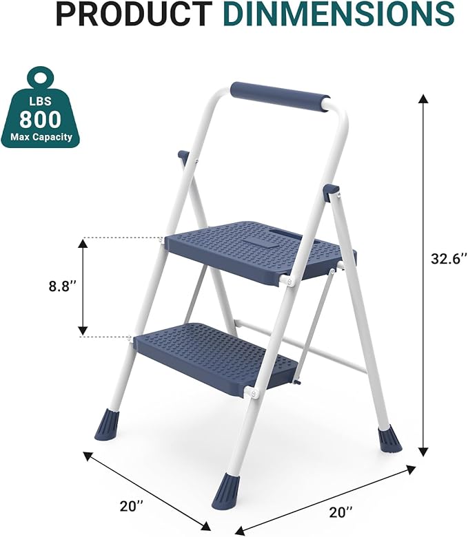 Smug Step Ladder, 2 Step Stool Foldable with Anti-Slip Pedal & Comfortable Handrail, 800lbs Capacity Sturdy Steel Ladder, Protable Heavy Duty Step Stool for Kitchen, Garage & Outdoor Use, Blue