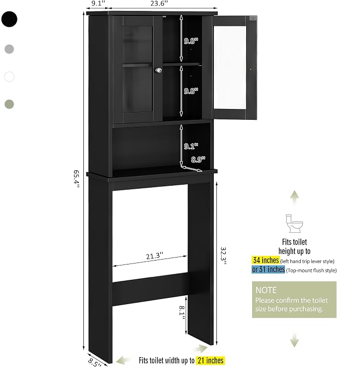Over The Toilet Storage Cabinet for Bathroom, Black Storage Organizer Over Toilet, Space Saver with 2 Tempered Glass Doors, Black