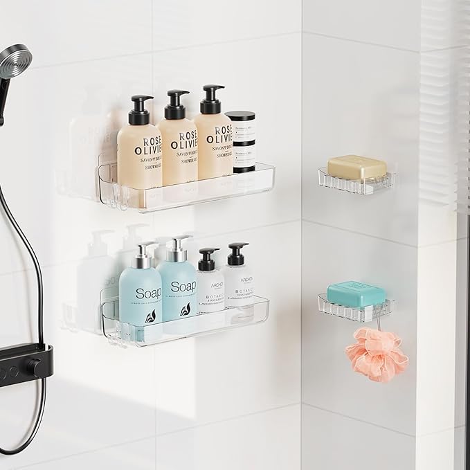 Sotfamily Clear Shower Caddies with Soap Dish & Adhesive Pads, 2 Packs | Acrylic Wall Mounted Shower Shelves for Bathroom Organizers and Storage, No Drill for Bathroom Decor