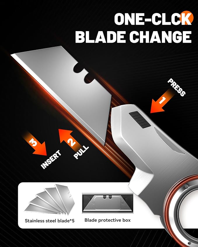 Folding Utility Knife Pocket Knife, Heavy-Duty Box Cutter with Anti Slip Finger Loop, Quick Change Blade Razor Knife, Box Cutters for Home, Office, Warehouse, Durable Razor Knife, Box Knife (Brown)
