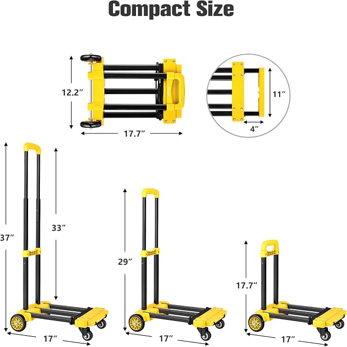KEDSUM Folding Hand Truck, 290 lbs Dolly Cart with Wheels, Collapsible Hand Truck Dolly, Foladable Utility Cart Lightweight and Portable Luggage Cart for Airport Travel, Moving and Office Use, Yellow