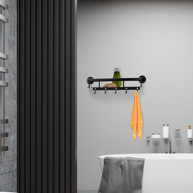 Munzong 18 Inch Shower Grab Bar w/Storage Shelf, Black Stainless Steel 2 in 1 Bathroom Balance Bar, Safety Hand Rail Support Senior Assist Bath Handle
