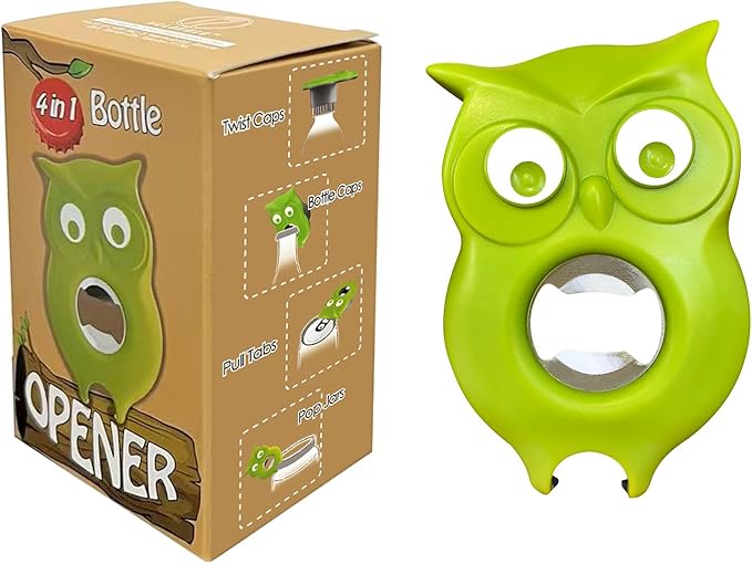 4-in-1 Manual Owl Bottle Opener - BPA-Free Multi-Function Opener for Bottle Caps, Jars, Pull Tabs & Twist Caps, Ergonomic Design for Kids, Seniors & Weak Hands (Green)