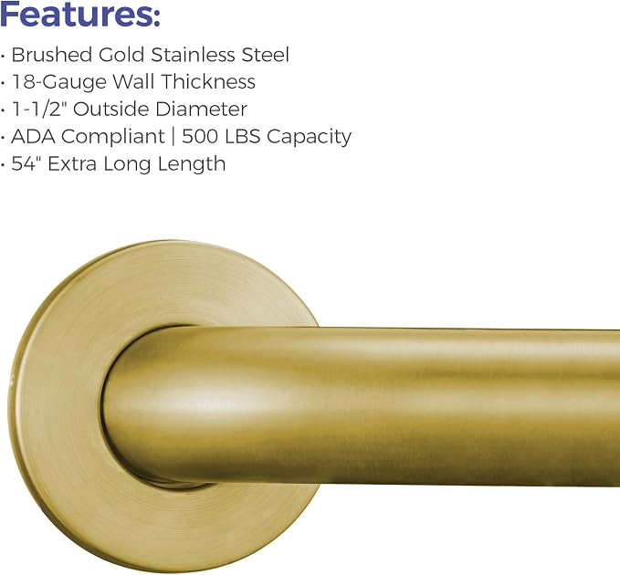 Stardrix 54-Inch ADA Compliant Grab Bar, 1.5" Diameter, Concealed Mounting Flanges, Handicap Friendly, Commercial & Residential Bathrooms, Brushed Gold Stainless Steel